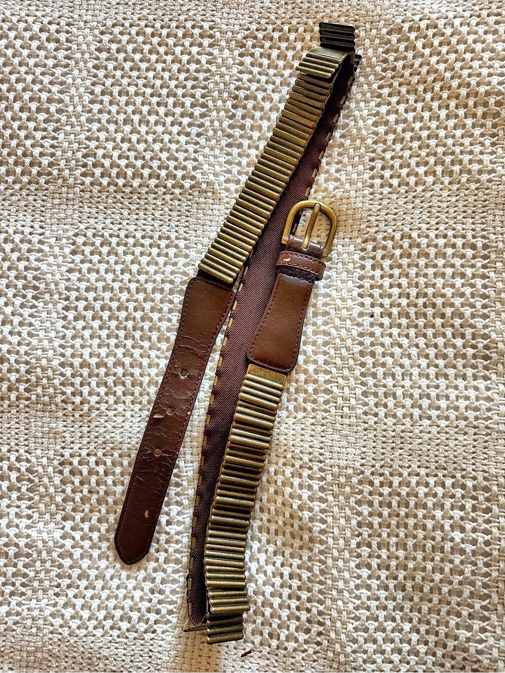 Vintage Y2K Brown & Brass Chainmail Elastic Leather Belt